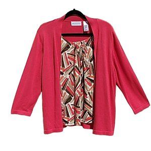 Alfred Dunner Pink Cardigan with Geometric Printed Shell
